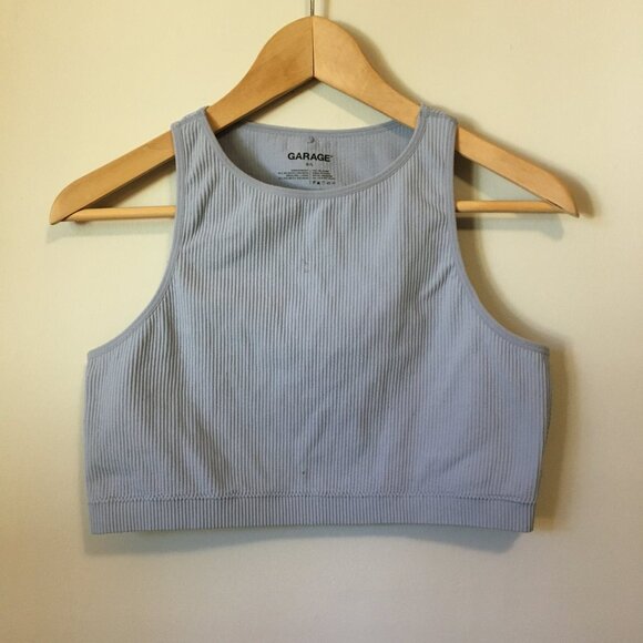 Garage Athletic High Neck Pale Blue Ribbed Cropped Bra Top - Picture 1 of 9